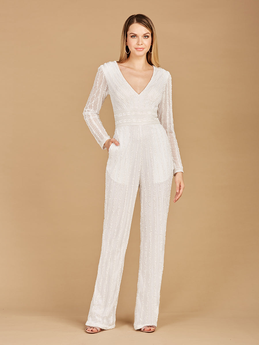 Jumpsuit Long Fitted Beaded Formal Jumpsuit Ivory