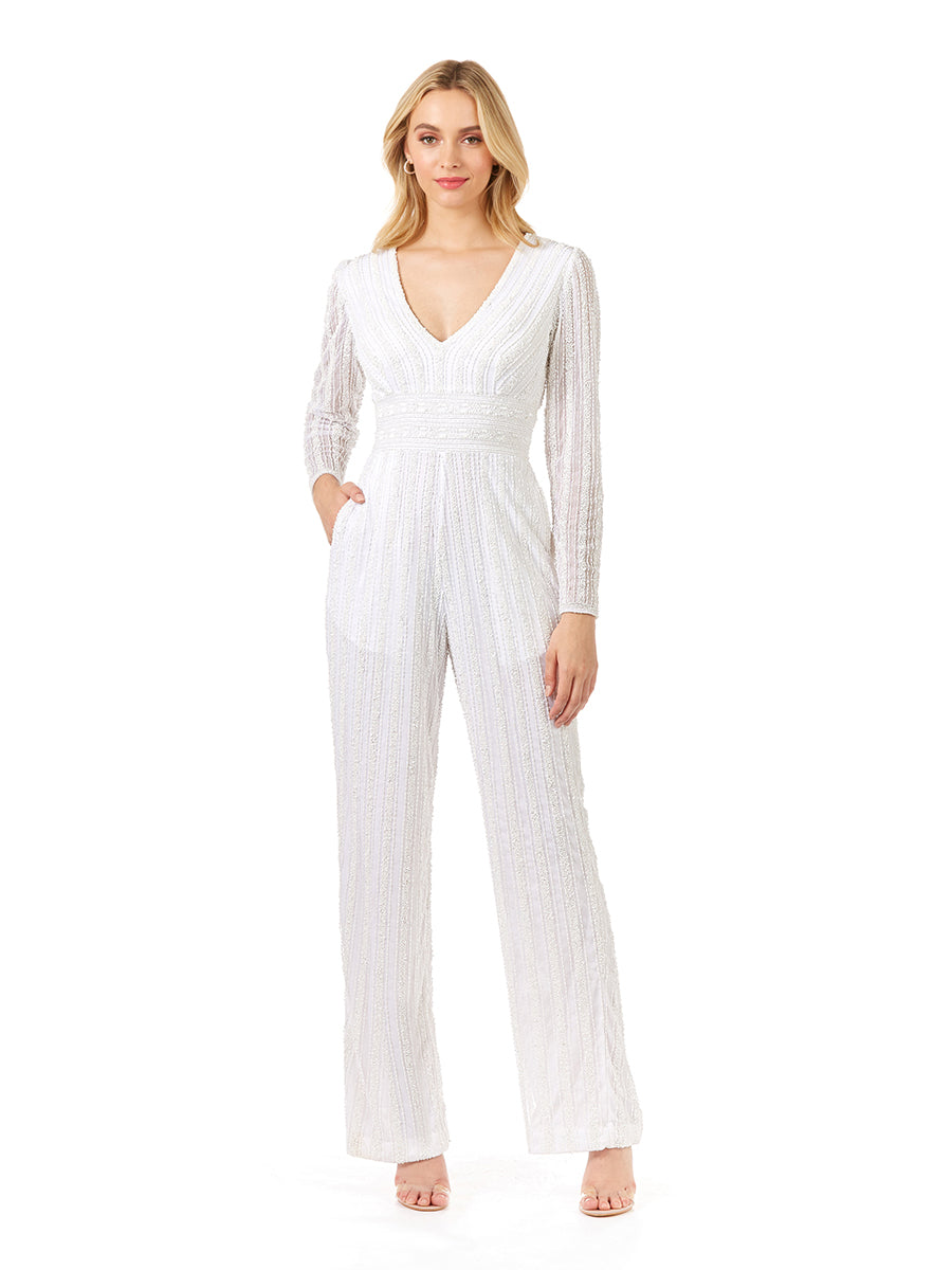 Jumpsuit Long Fitted Beaded Formal Jumpsuit Ivory