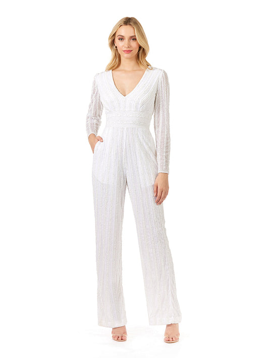 Jumpsuit Long Fitted Beaded Formal Jumpsuit Ivory