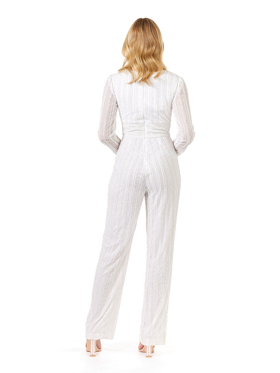 Jumpsuit Long Fitted Beaded Formal Jumpsuit Ivory