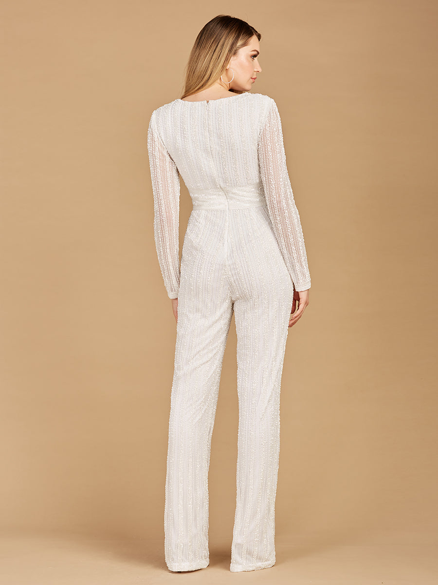 Jumpsuit Long Fitted Beaded Formal Jumpsuit Ivory