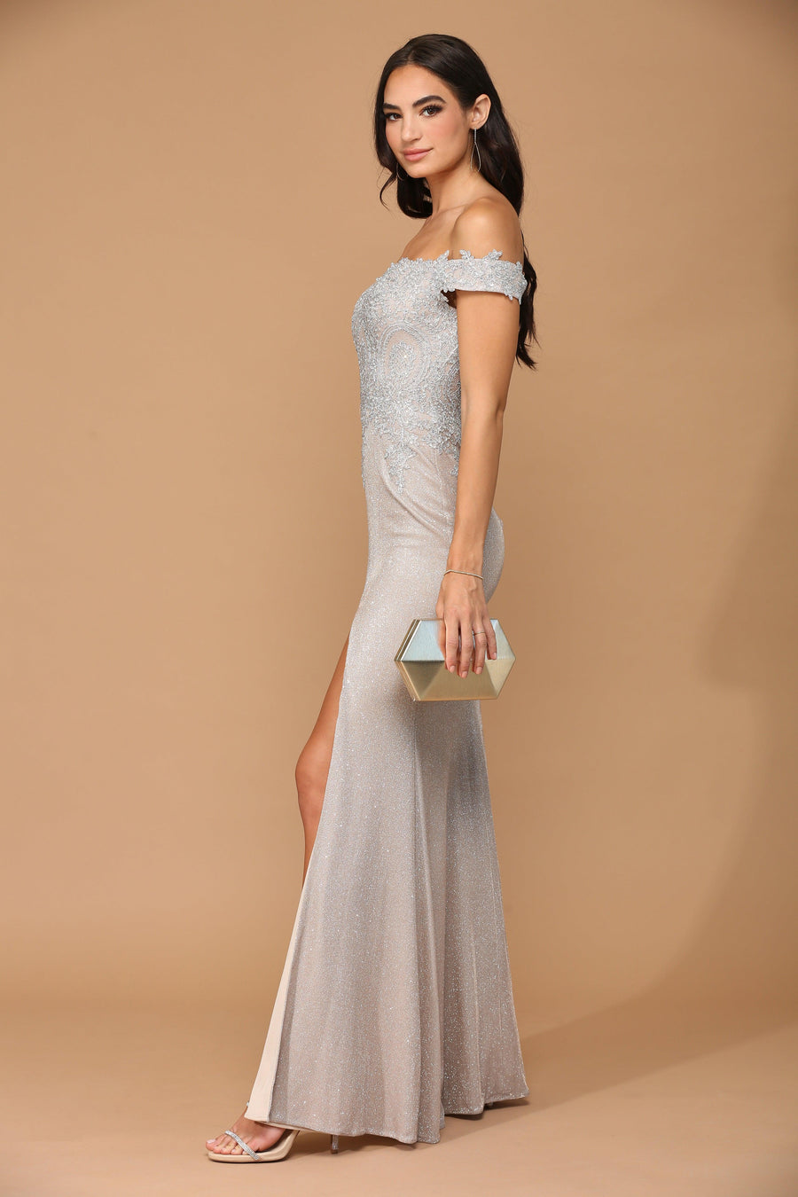 Long Off Shoulder Formal Metallic Prom Dress