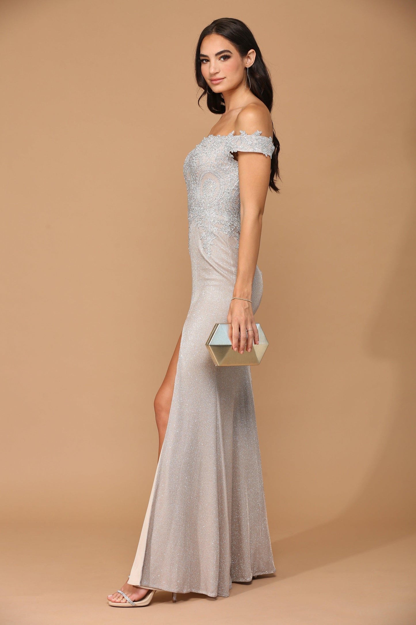 Long Off Shoulder Formal Metallic Prom Dress