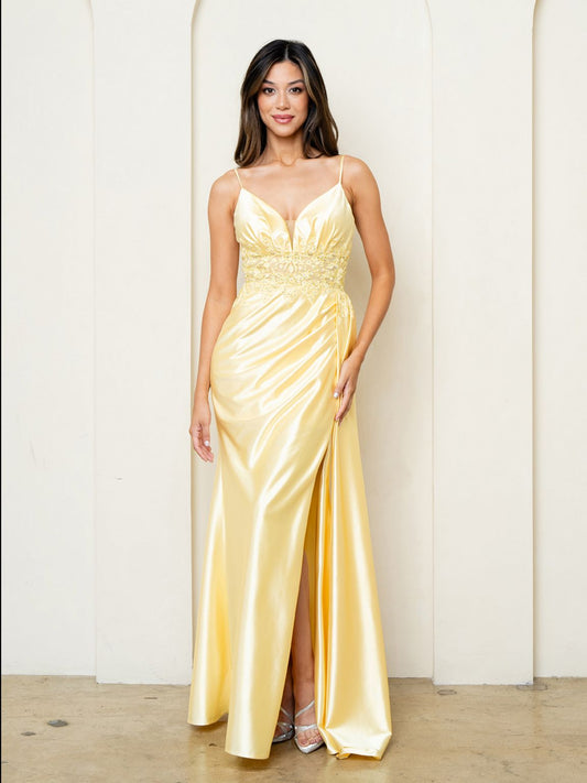 Prom Dresses  Slit Long Formal A Line Prom Dress Yellow