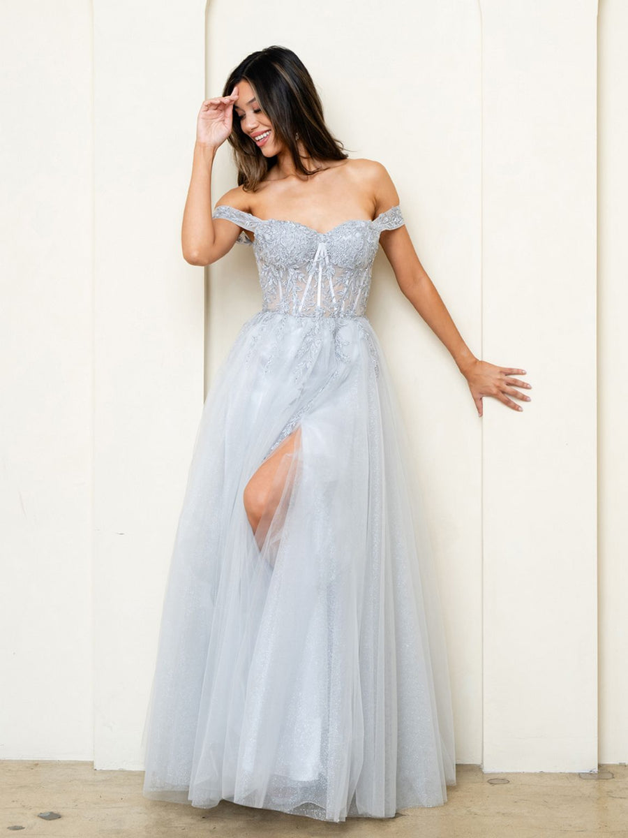 Long Formal A Line Slit Prom DressSilver