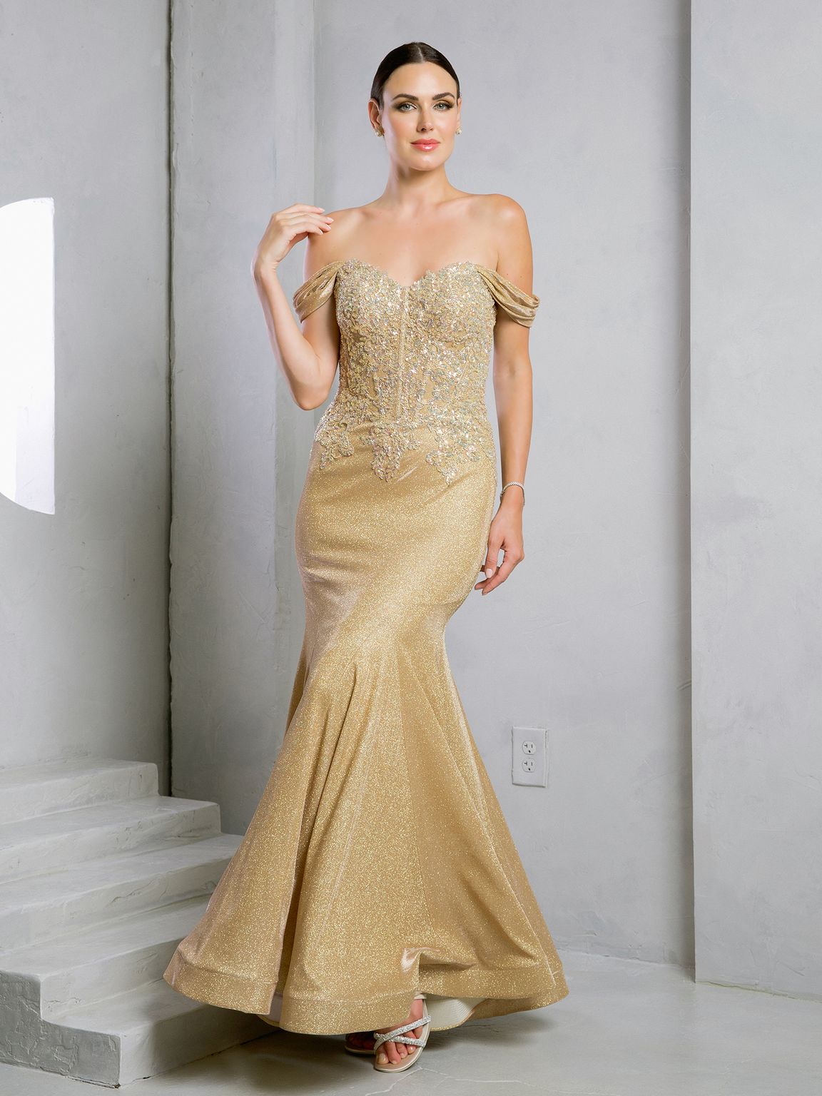 Prom Dresses Glitter Long Mermaid Formal Beaded Prom Dress Gold