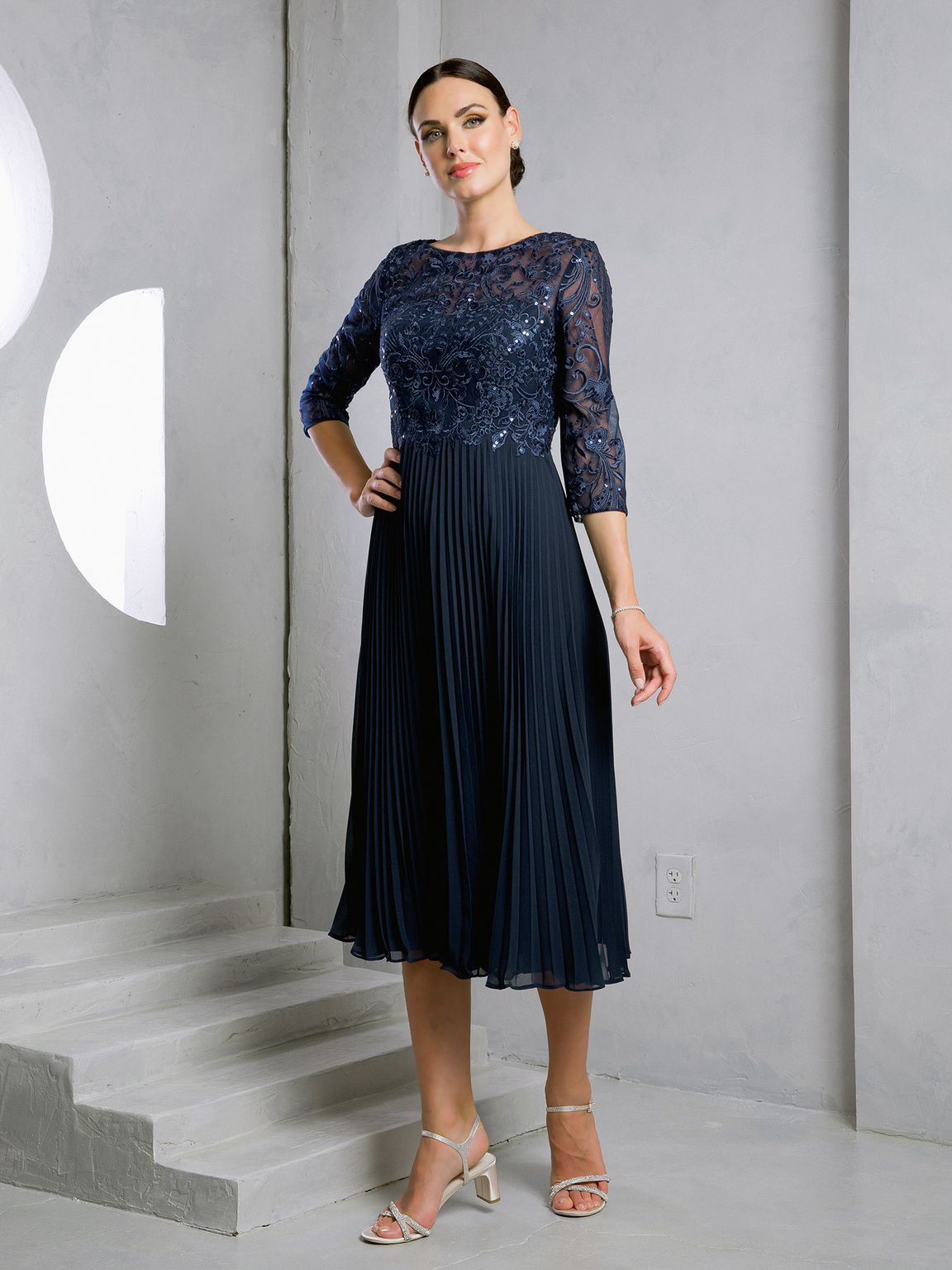 Mother of the Bride Dresses Short Pleated Lace Mother of the Bride Midi Dress Navy