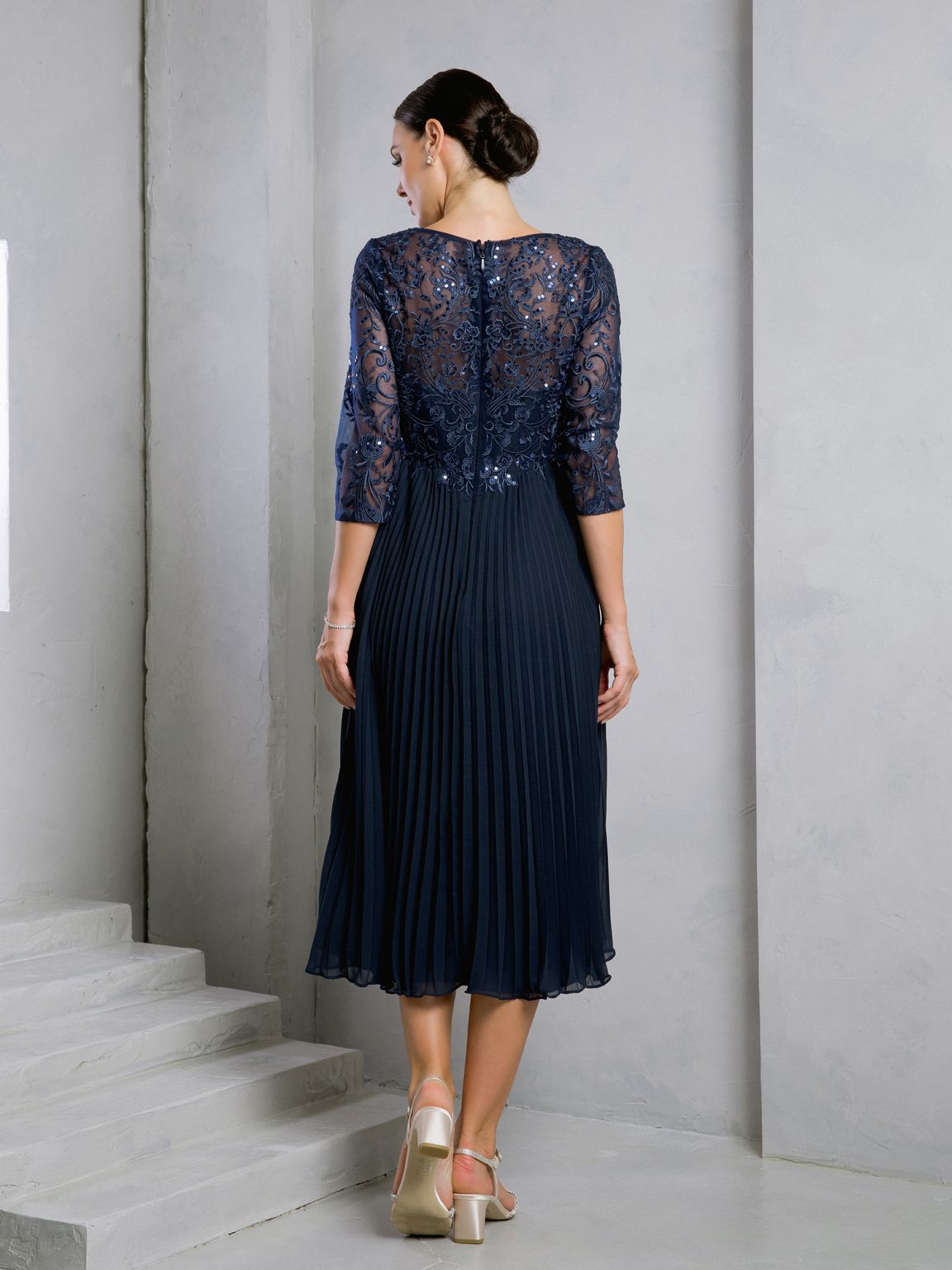 Mother of the Bride Dresses Short Pleated Lace Mother of the Bride Midi Dress Navy