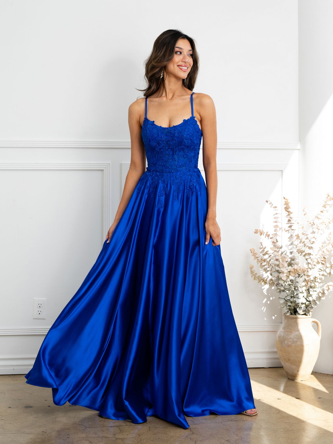 Prom Dresses A Line Long Formal Lace Applique Corset Prom Dress Royal