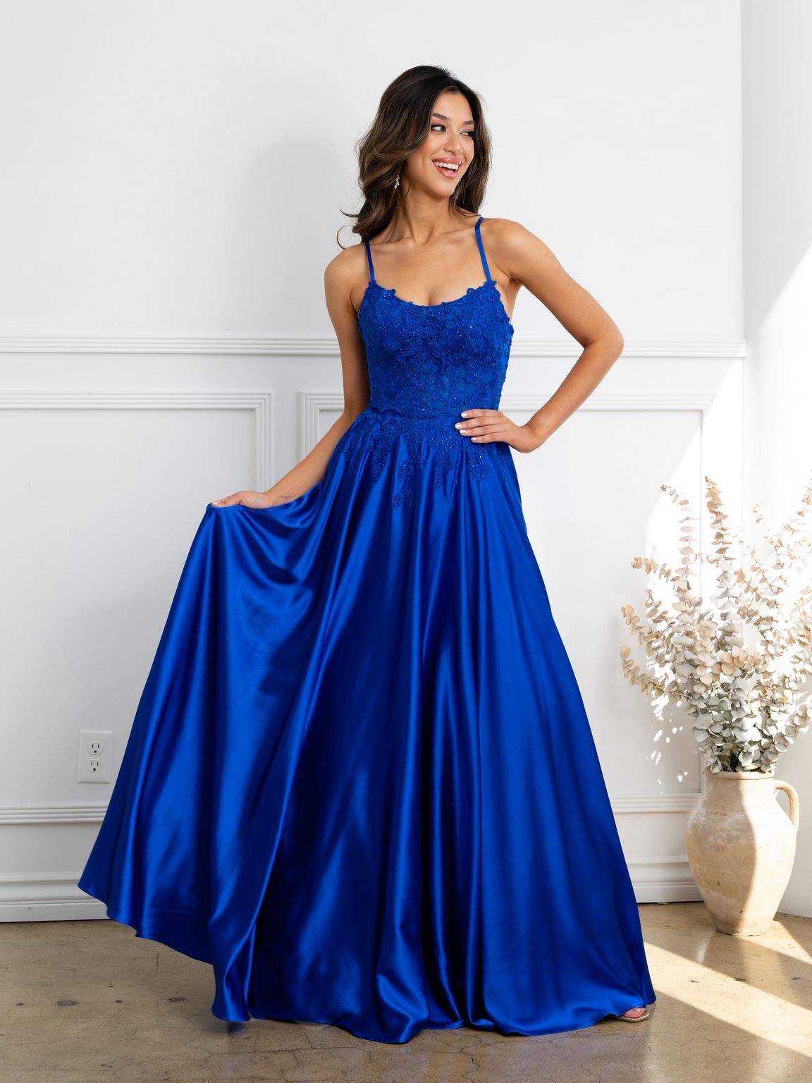 Prom Dresses A Line Long Formal Lace Applique Corset Prom Dress Royal