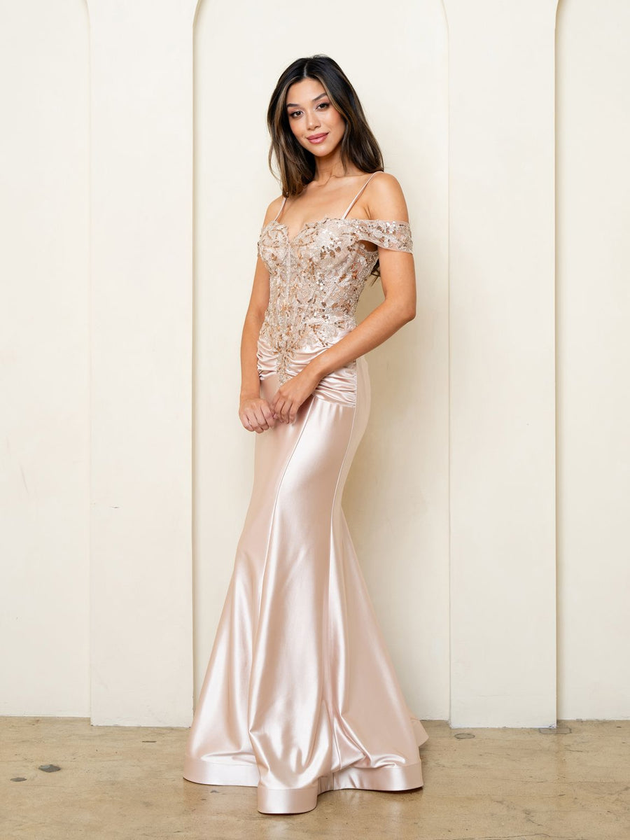 Prom Dresses Long Formal Fitted Sequin Prom Dress Champagne