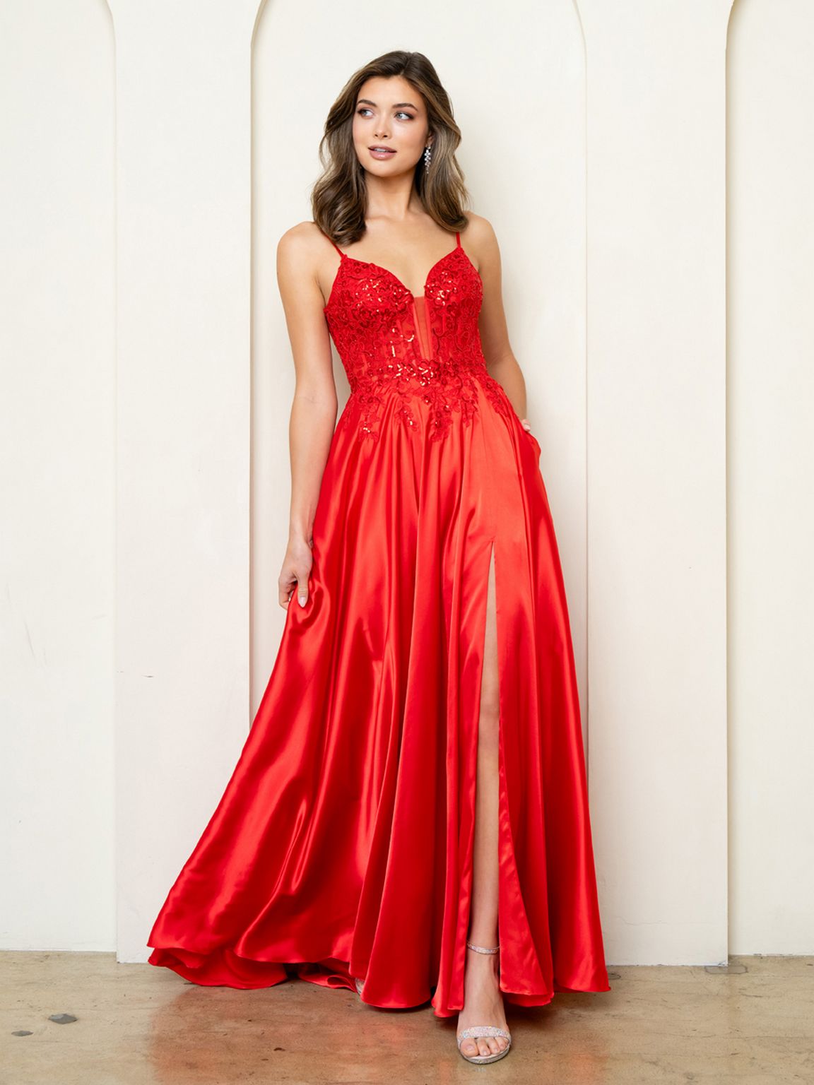 Prom Dresses A Line Long Formal Lace Sequin Prom Dress Red