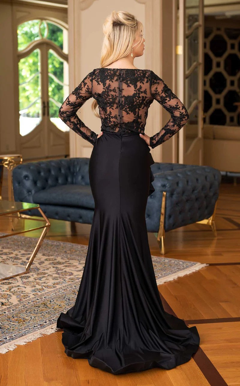 Prom Dresses Lace Fitted Long Sleeve Slit Formal Dress Royal