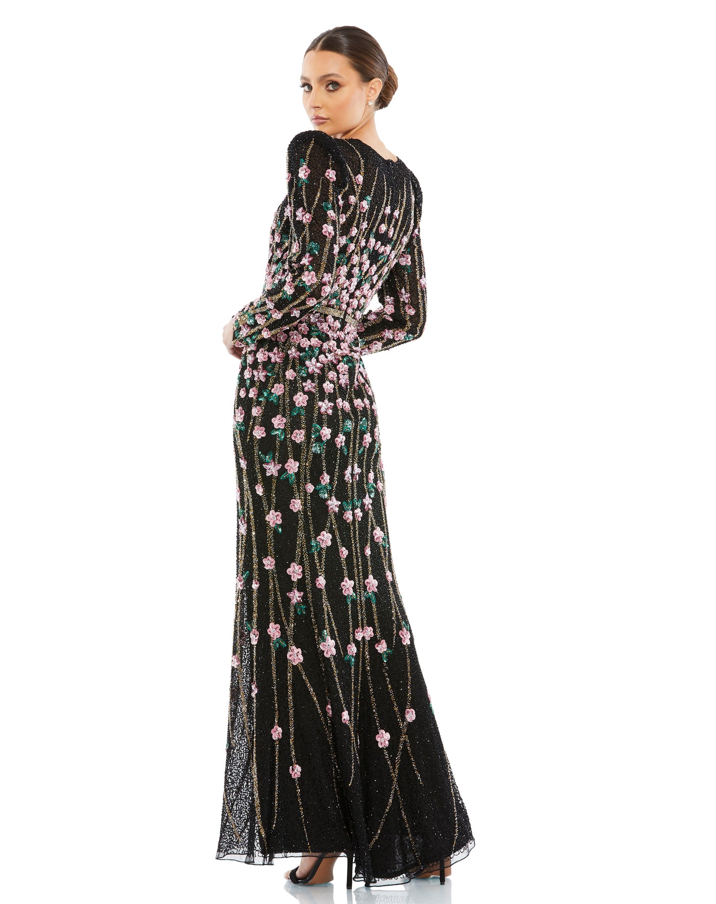 Formal Dresses Fitted Long Sleeve Floral Formal Evening Dress Black Multi