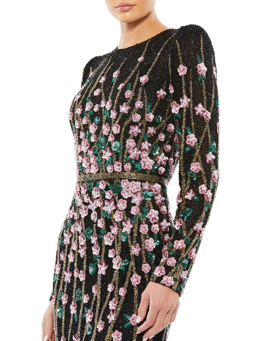 Formal Dresses Fitted Long Sleeve Floral Formal Evening Dress Black Multi