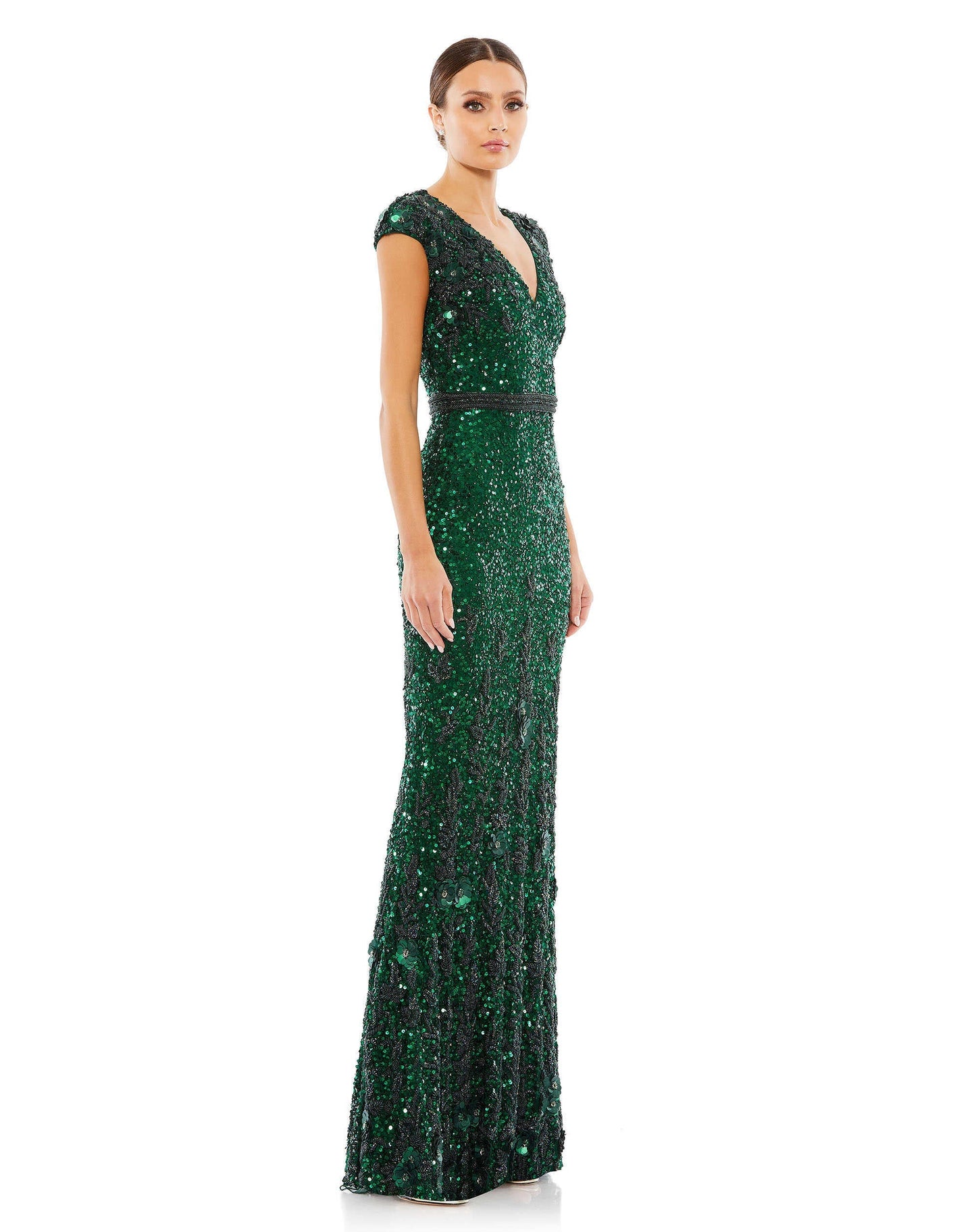 Formal Dresses Long Embellished V Neck Cap Sleeve Sequin Dress Bottle Green