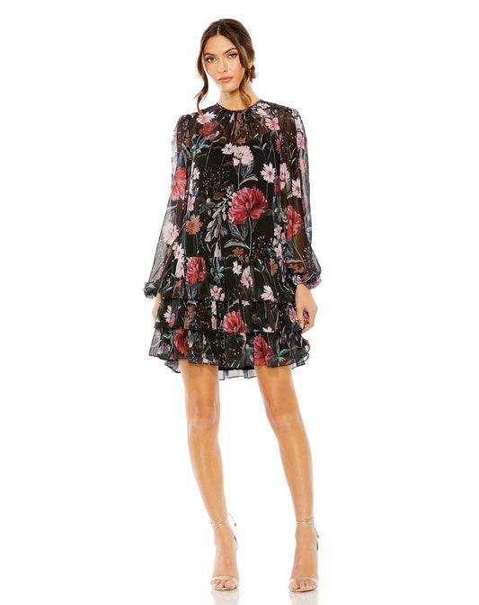 Cocktail Dresses Short Floral Long Sleeve Cocktail Ruffle Dress Black Multi