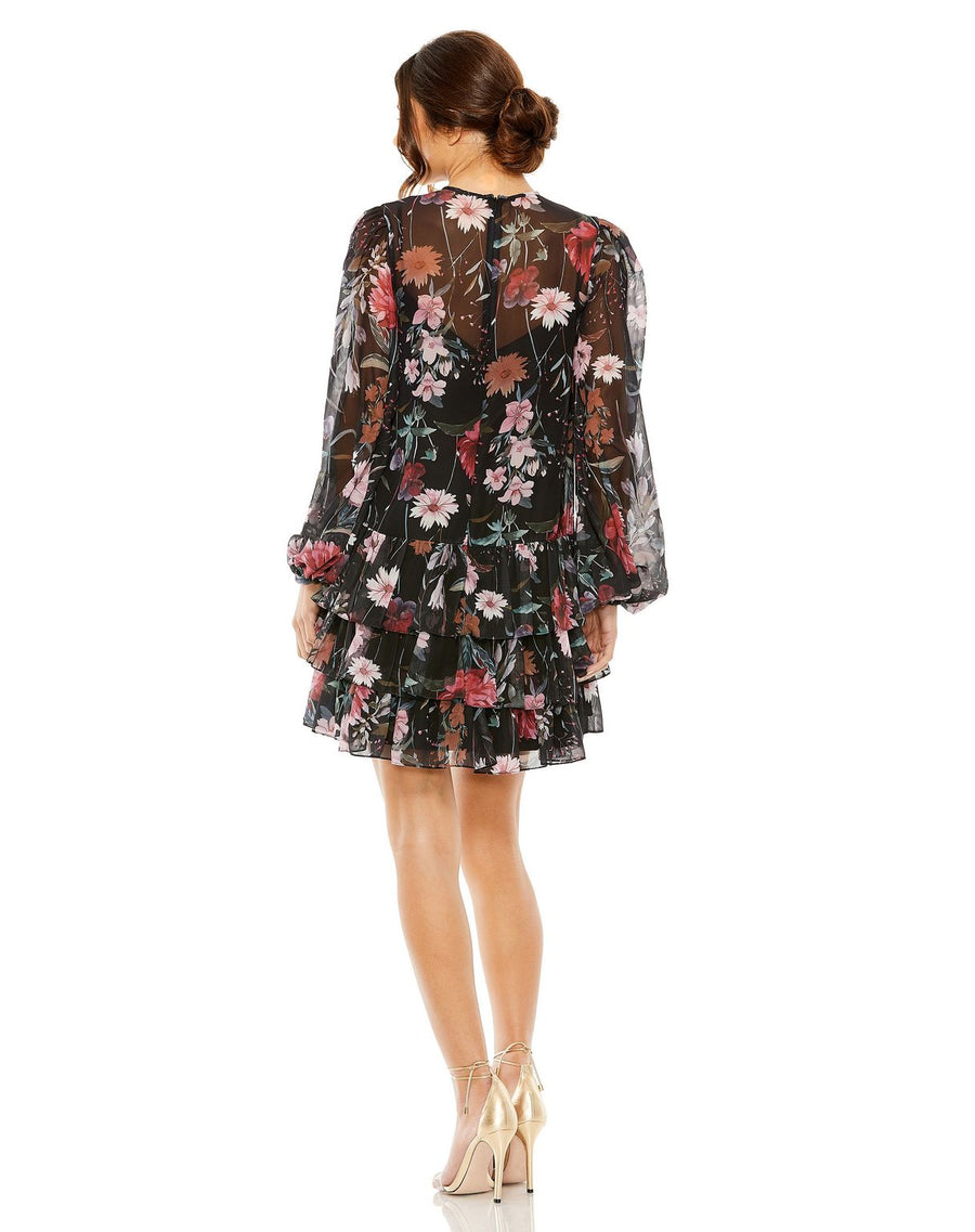 Cocktail Dresses Short Floral Long Sleeve Cocktail Ruffle Dress Black Multi