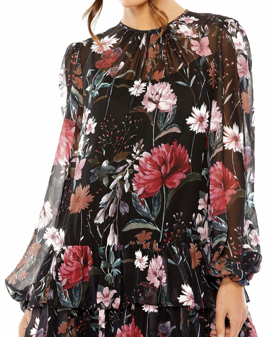 Cocktail Dresses Short Floral Long Sleeve Cocktail Ruffle Dress Black Multi