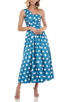 Cocktail Dresses Pleated Polka Dot A Line Cocktail Tea Length Dress Persian Blue White