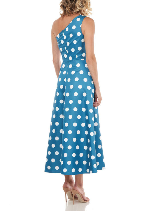 Cocktail Dresses Pleated Polka Dot A Line Cocktail Tea Length Dress Persian Blue White