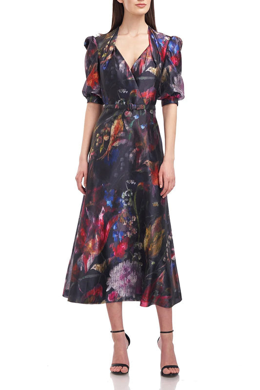 Formal Dresses Tea Length Floral Print Formal Dress BLACK BLURRED WATERCOLOR