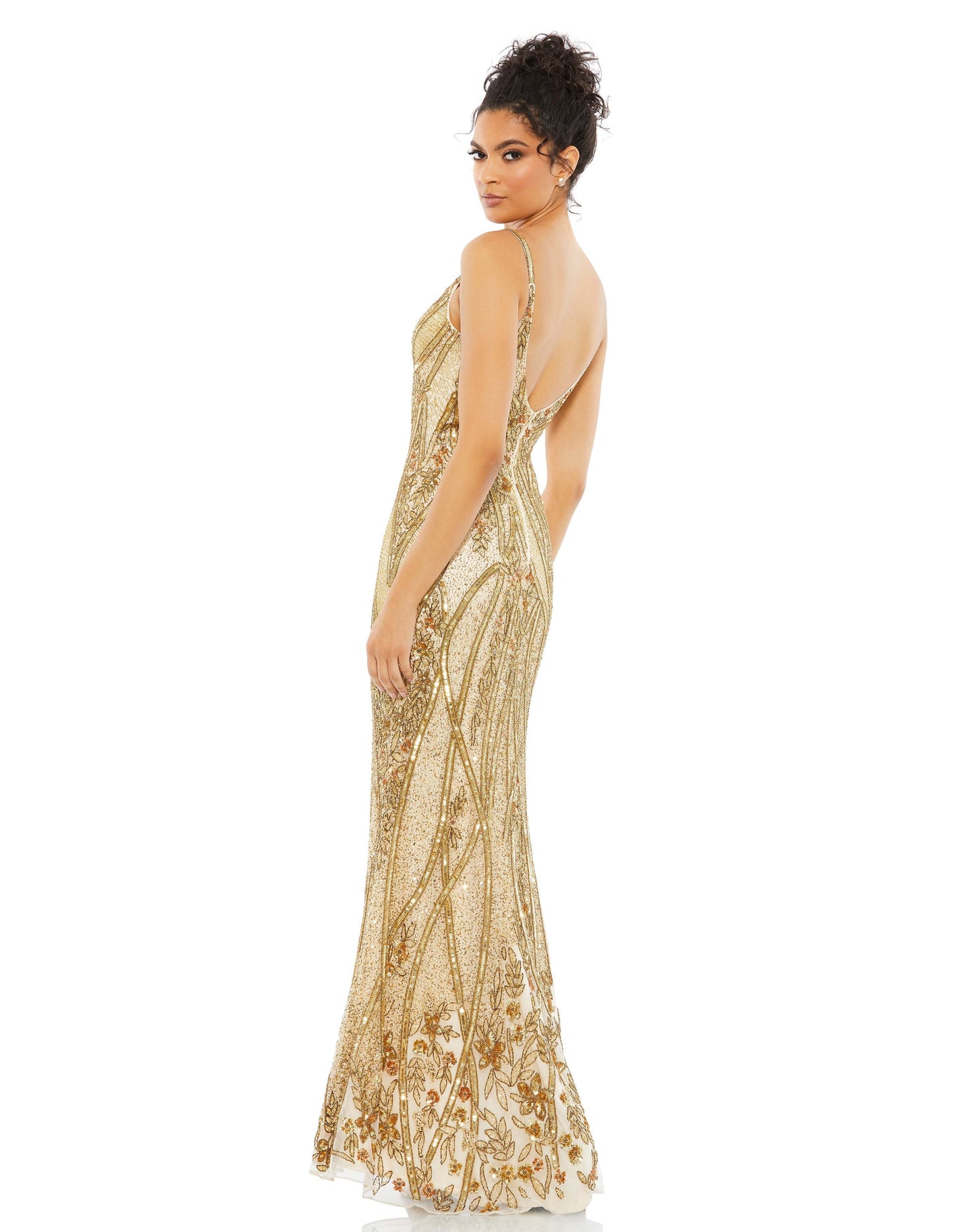 Prom Dresses Fitted Sequin Beaded Formal Prom Long Dress Nude Gold