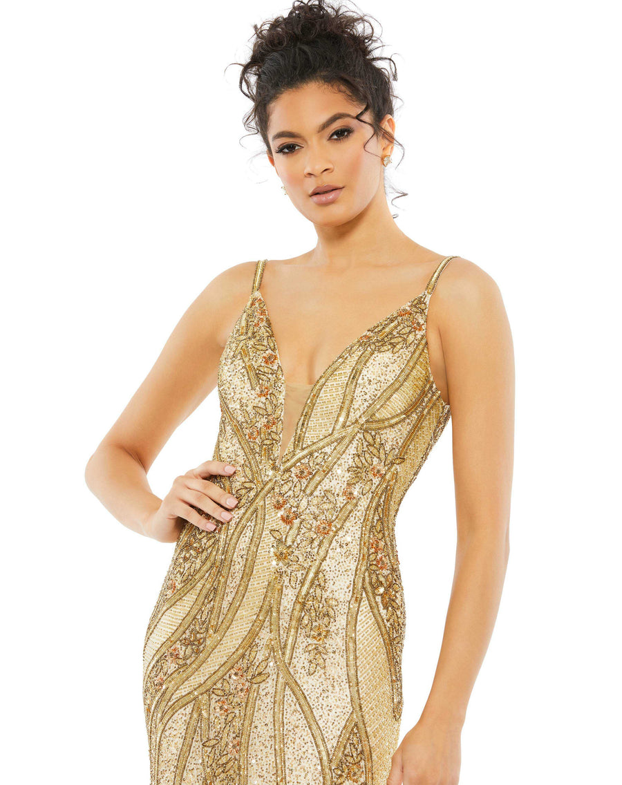 Prom Dresses Fitted Sequin Beaded Formal Prom Long Dress Nude Gold