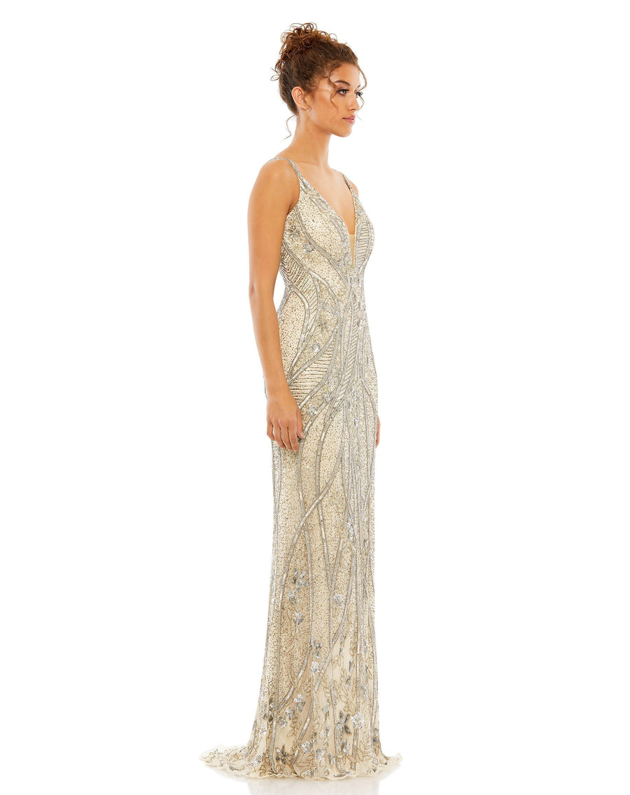 Prom Dresses Fitted Sequin Beaded Formal Prom Long Dress Silver Nude