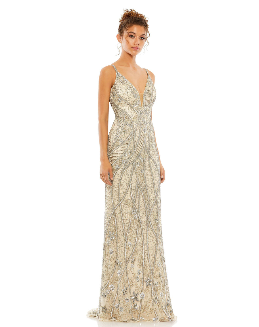 Prom Dresses Fitted Sequin Beaded Formal Prom Long Dress Silver Nude