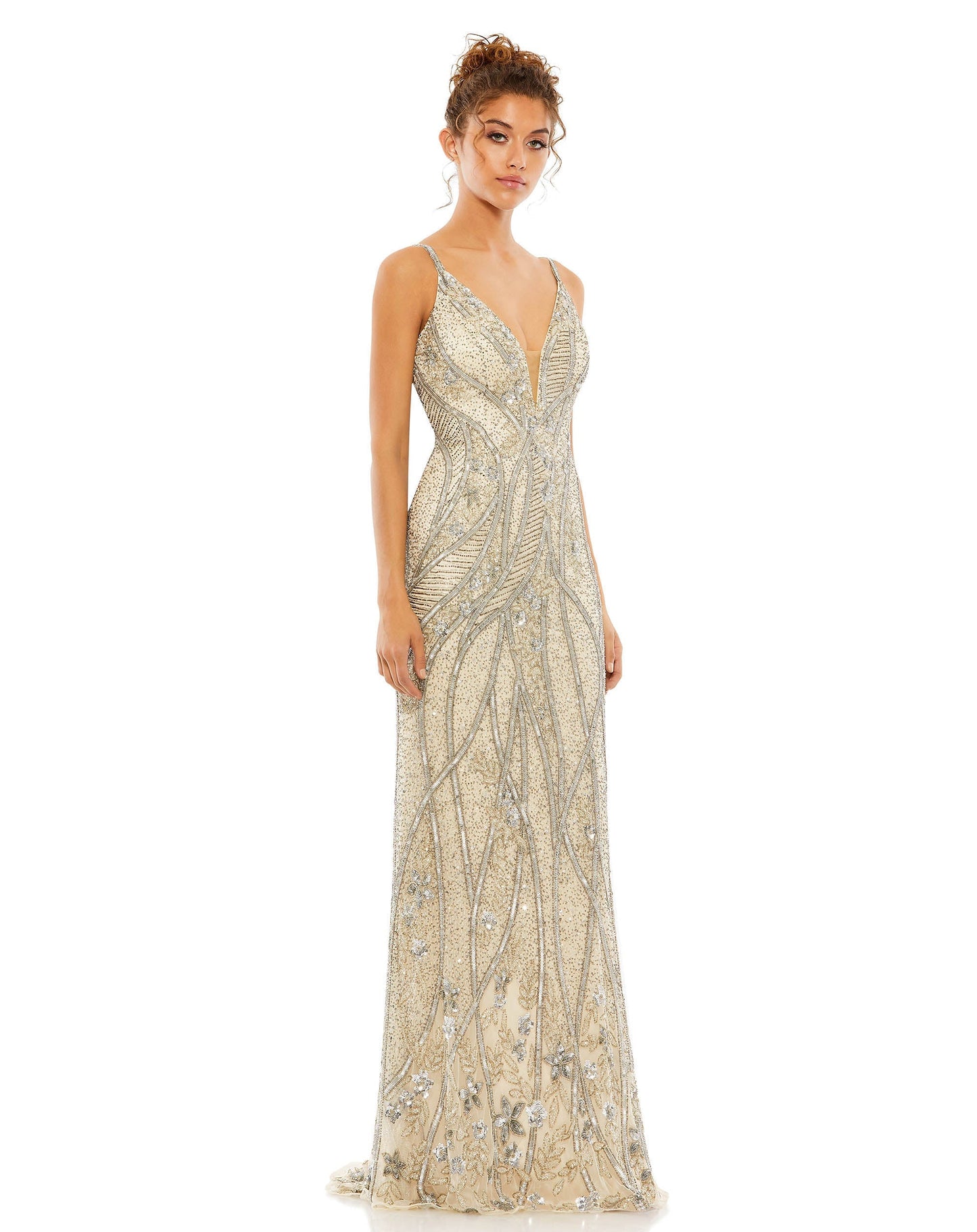Prom Dresses Fitted Sequin Beaded Formal Prom Long Dress Silver Nude