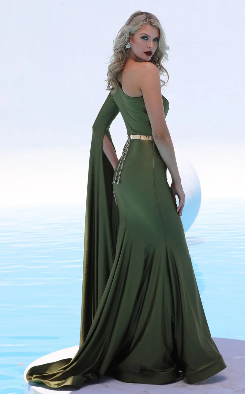 Formal  DressesFitted Long Formal Metallic Belt Evening Dress Olive