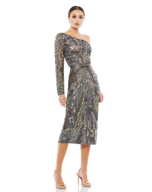 Cocktail Dresses Sequined One Shoulder Long Sleeve Midi Dress Charcoal