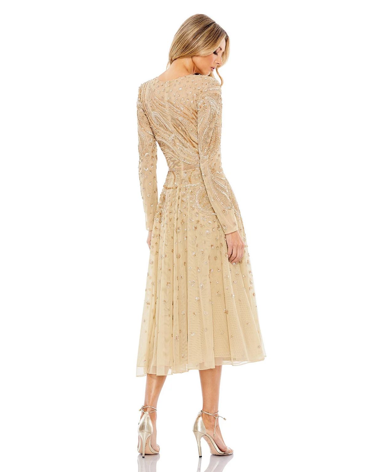 Cocktail Dresses Embellished Illusion High Neck Long Sleeve Midi Dress Latte