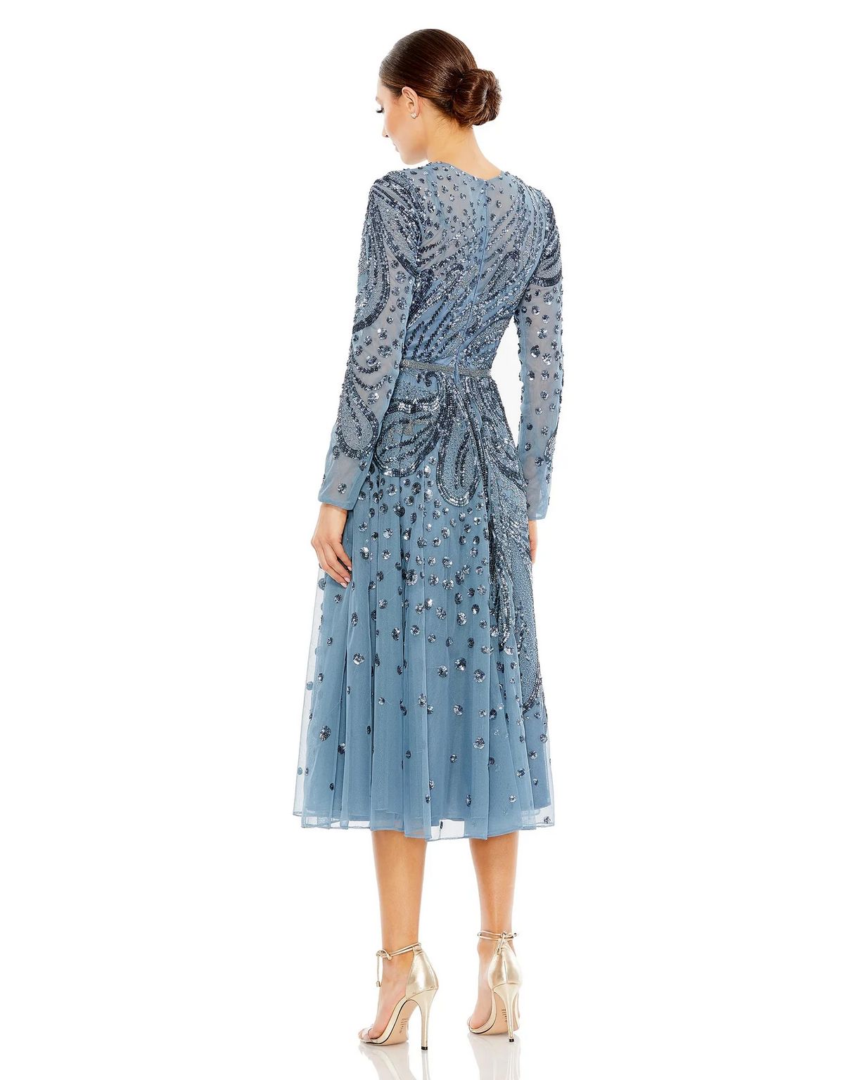 Cocktail Dresses Embellished Illusion High Neck Long Sleeve Midi Dress Slate Blue