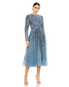 Cocktail Dresses Embellished Illusion High Neck Long Sleeve Midi Dress Slate Blue