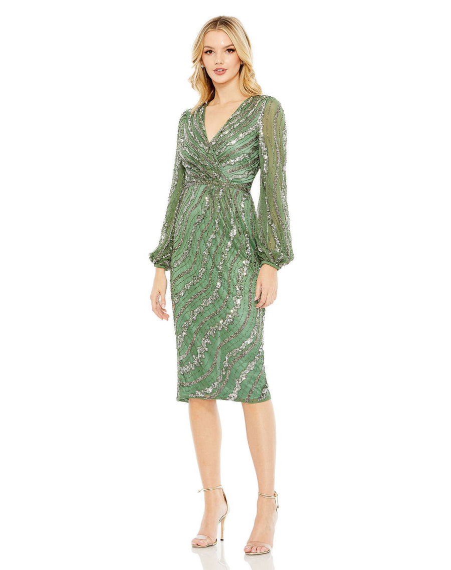 Cocktail Dresses Sequin Beaded Long Sleeve Cocktail Midi Dress  Sage