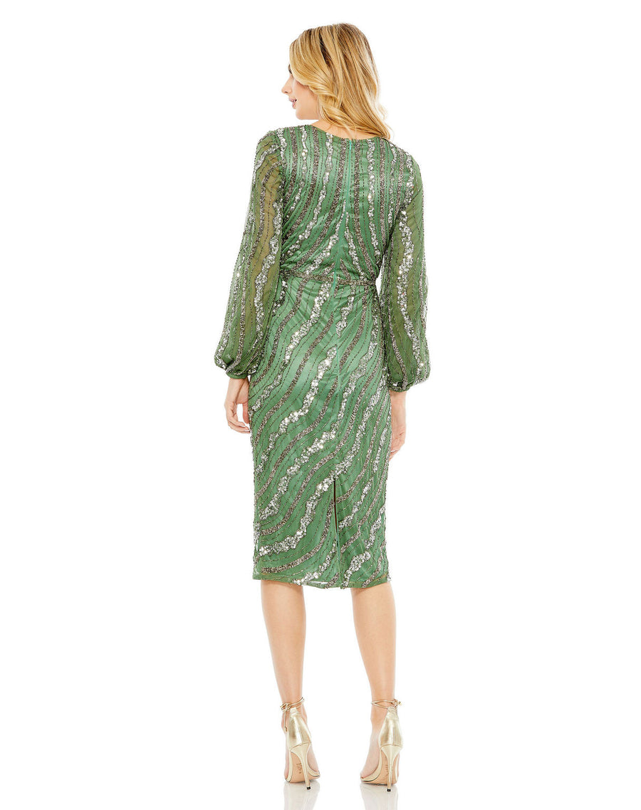 Cocktail Dresses Sequin Beaded Long Sleeve Cocktail Midi Dress  Sage
