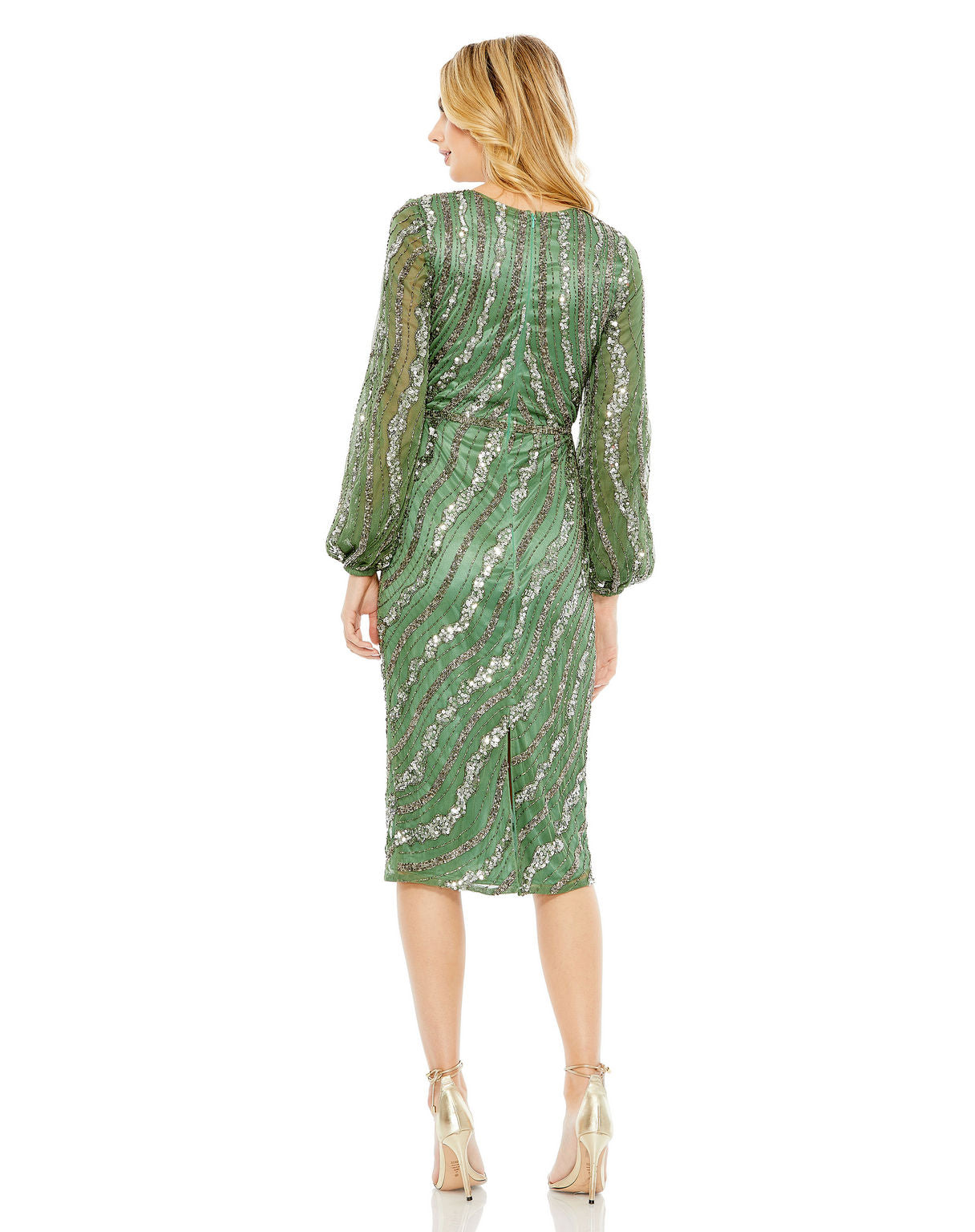 Cocktail Dresses Sequin Beaded Long Sleeve Cocktail Midi Dress  Sage