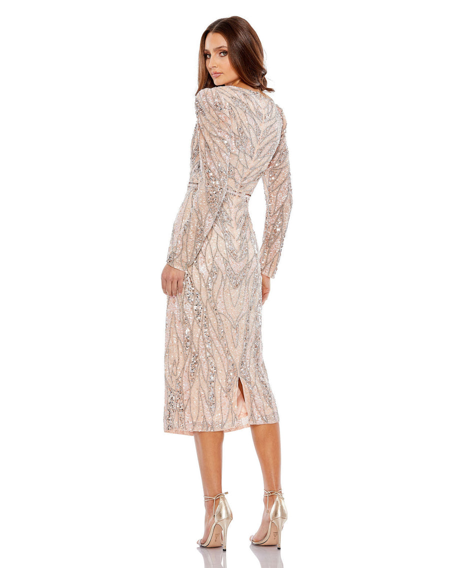 Cocktail Dresses Long Sleeve Cocktail Midi Sequin Dress  Rose Gold