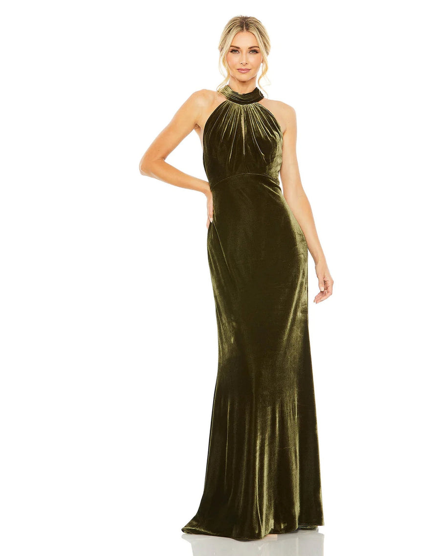 Formal Dresses Long Halter Tie Front Slit Velvet Column Dress Olive