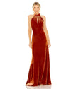 Formal Dresses Long Halter Tie Front Slit Velvet Column Dress Spice