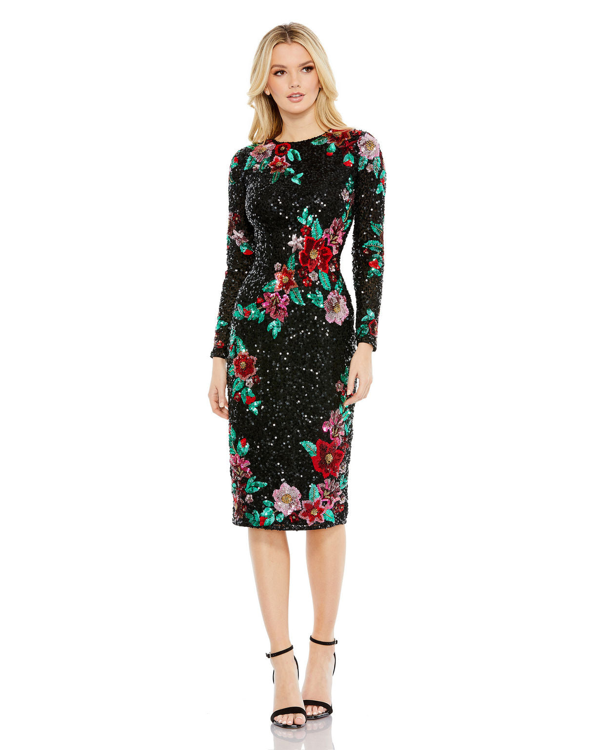 Cocktail Dresses Long Sleeve Floral Sequin Cocktail Midi Dress Black Multi