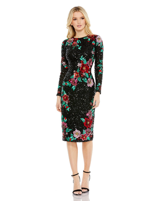 Cocktail Dresses Long Sleeve Floral Sequin Cocktail Midi Dress Black Multi