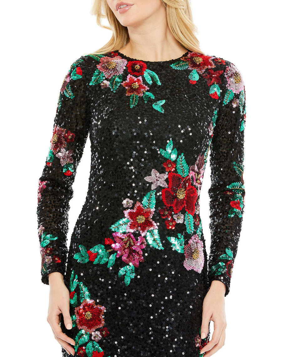 Cocktail Dresses Long Sleeve Floral Sequin Cocktail Midi Dress Black Multi