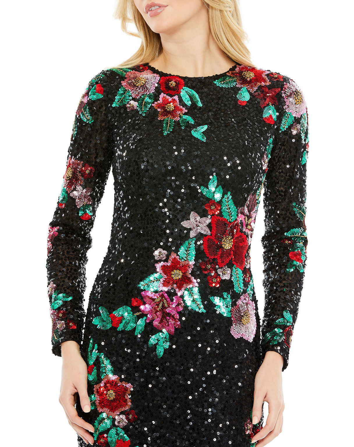Cocktail Dresses Long Sleeve Floral Sequin Cocktail Midi Dress Black Multi