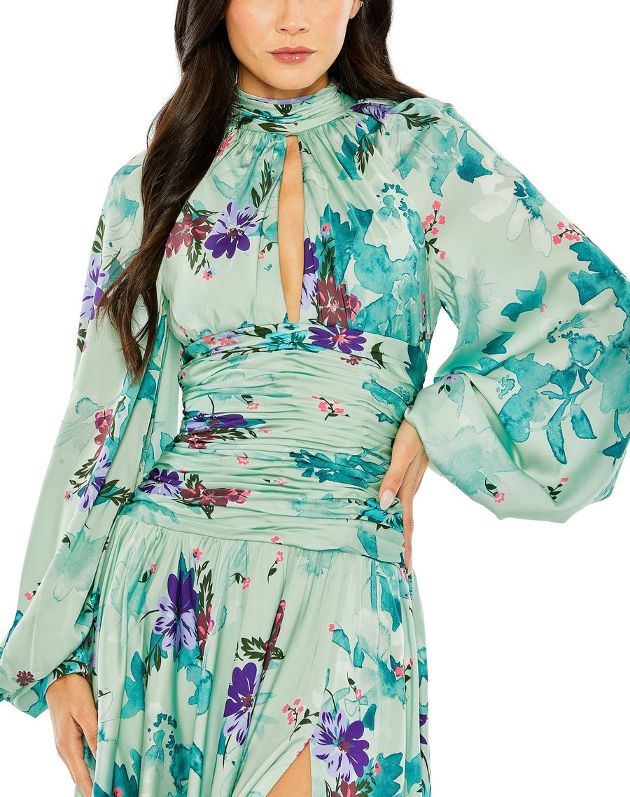 Formal Dresses Evening Slit Floral Tea Length Formal Dress  Sage Multi