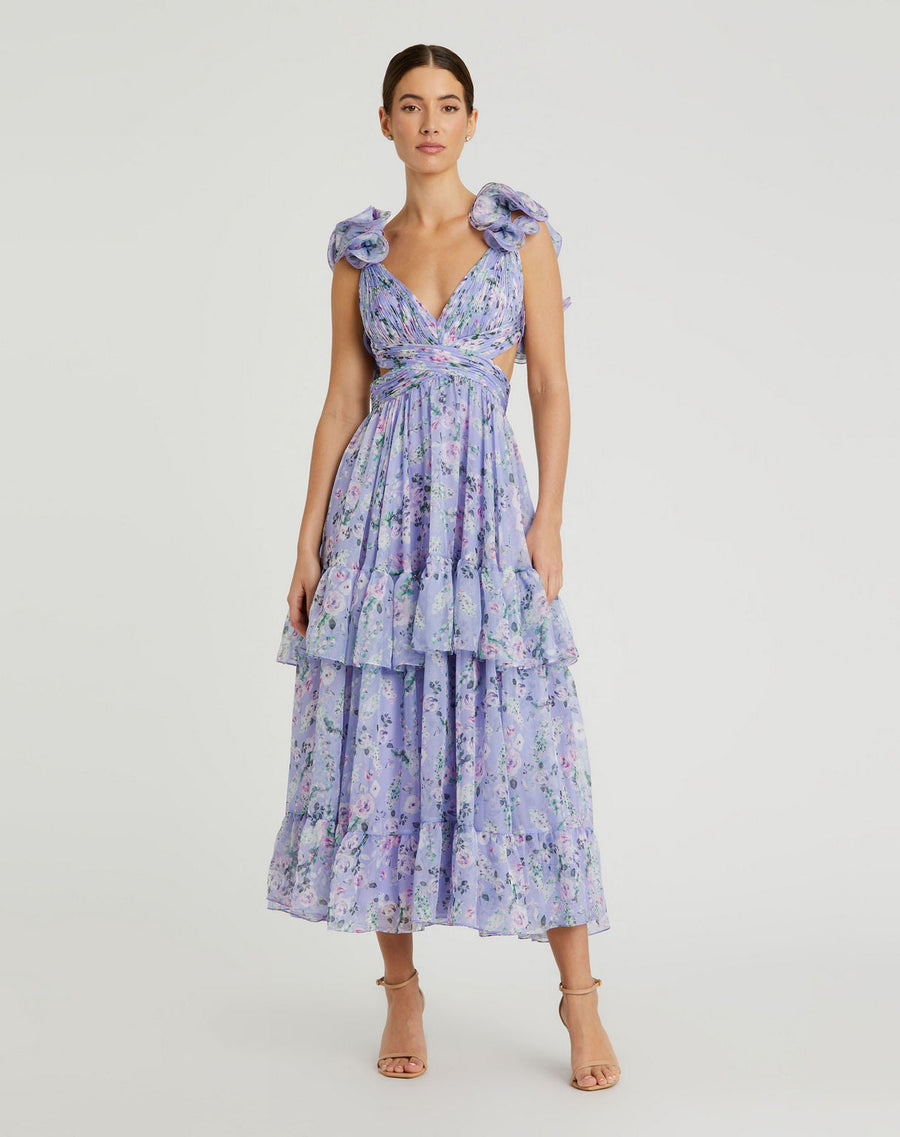 Cocktail Dresses Floral Cocktail Tiered Cut Out Midi Dress Lilac Multi