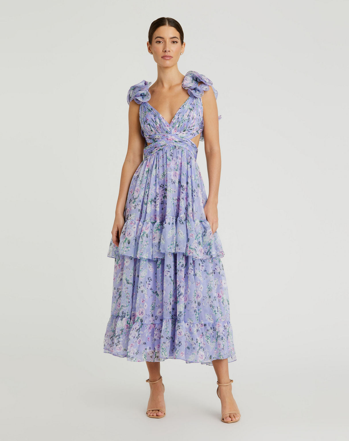 Cocktail Dresses Floral Cocktail Tiered Cut Out Midi Dress Lilac Multi