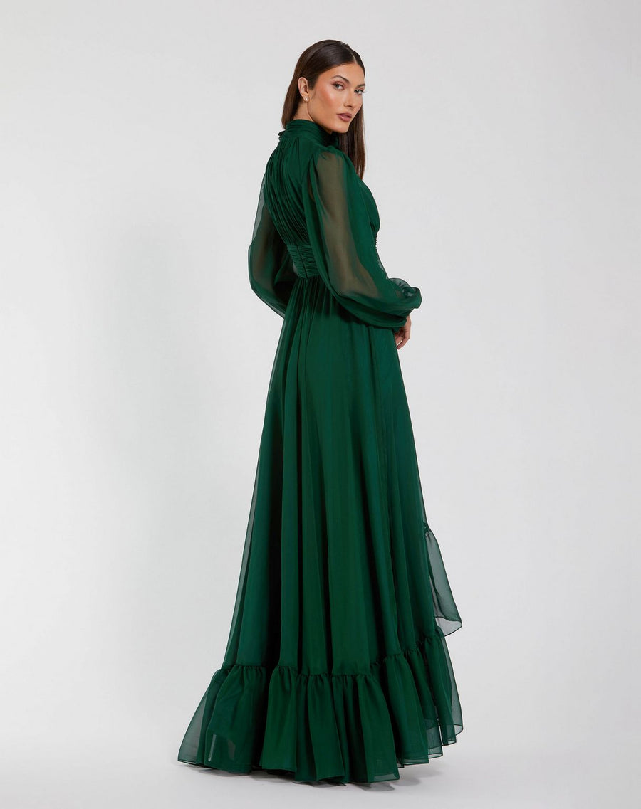 Formal Dresses Long Sleeve High Low 3D Flower Formal Prom Dress Emerald